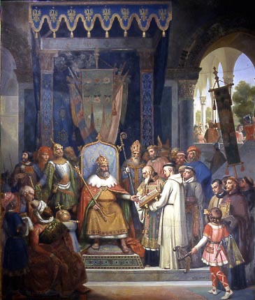 Alcuin presenting manuscripts to Charlemagne in a later group painting by Jean Victor Schnetz, 1830