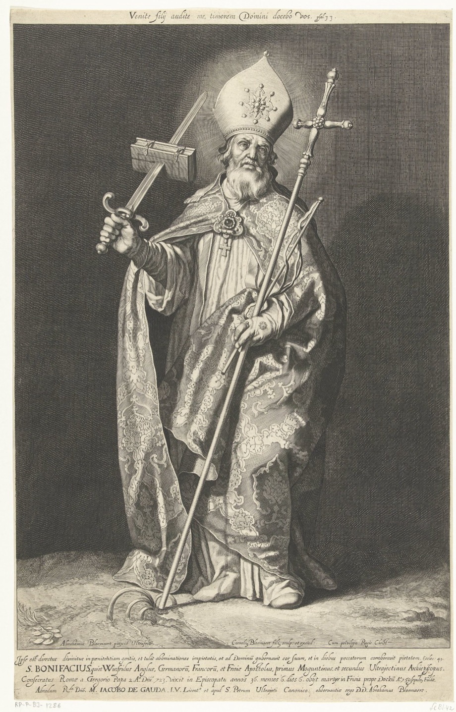 Later depiction of Saint Boniface in episcopal robes with a sword-pierced book, in or after 1626
