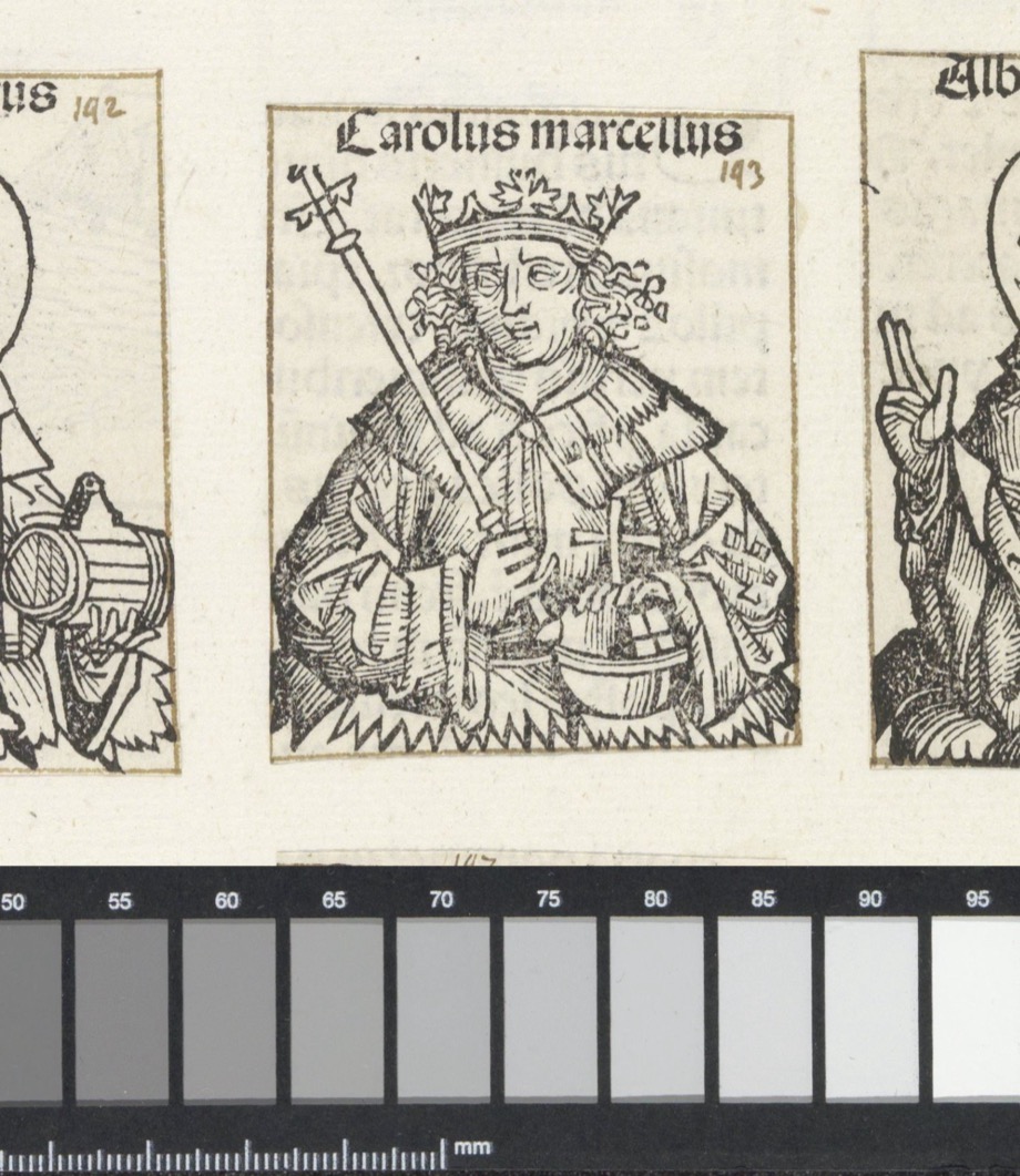 Charles Martel depicted as a crowned ruler in a flower calyx, workshop of Michel Wolgemut, 1493