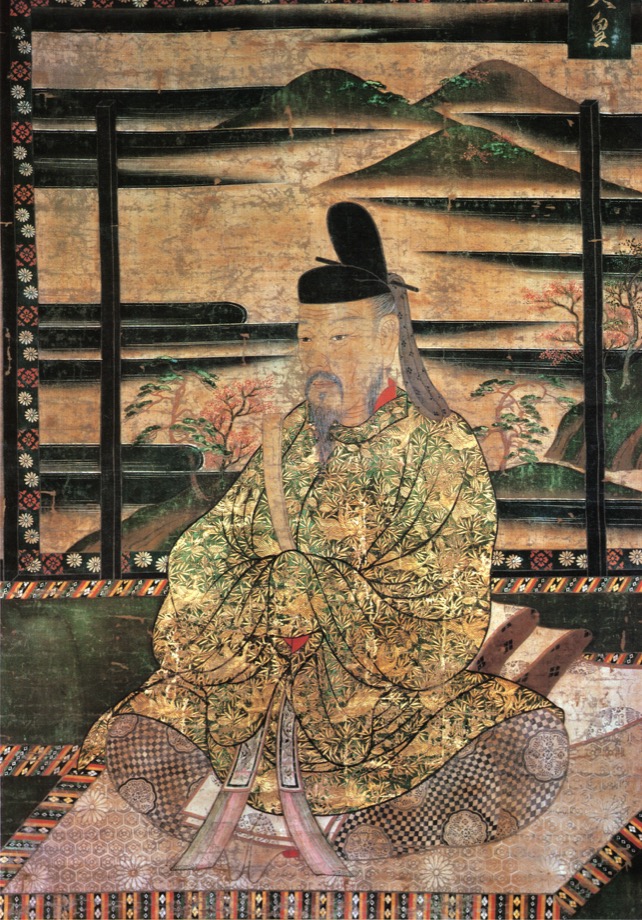 Later portrait of Emperor Saga seated in patterned robes, unknown Japanese artist, 14th century