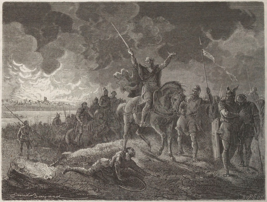 Eudo of Aquitaine leaving burning Bordeaux in a later historical scene by Émile Bayard, c. 1867