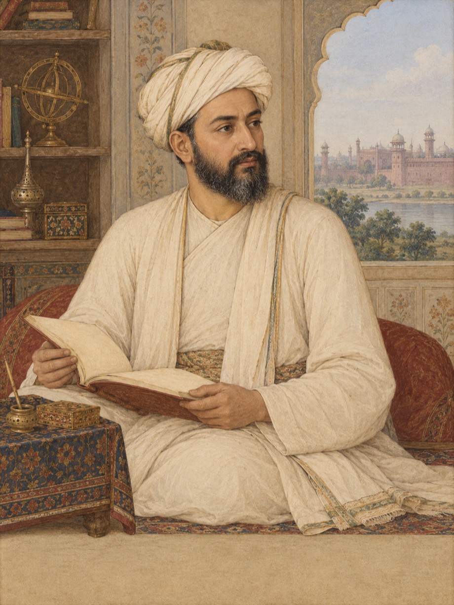 AI-assisted imagined portrait of Faizi; speculative historical reconstruction