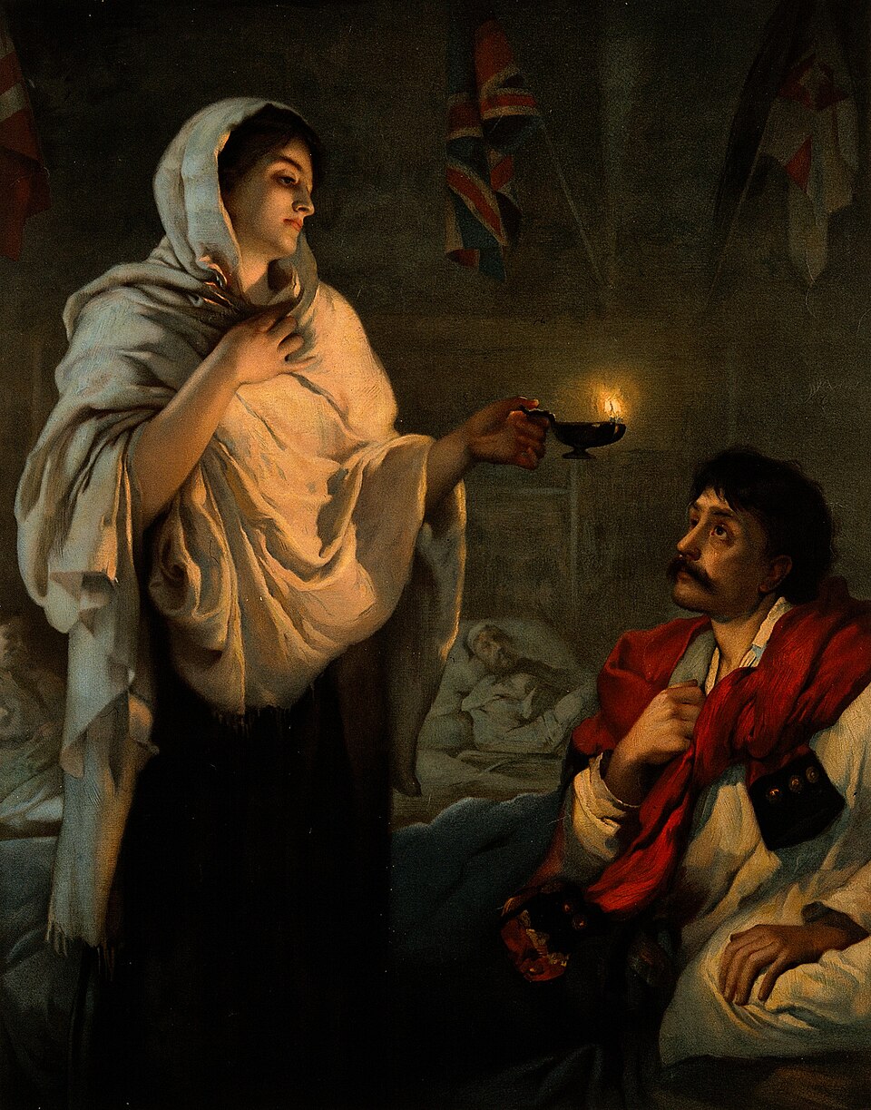 Florence Nightingale with her lamp at a patient's bedside in Scutari, coloured lithograph after Henrietta Rae, c. 1881–1891