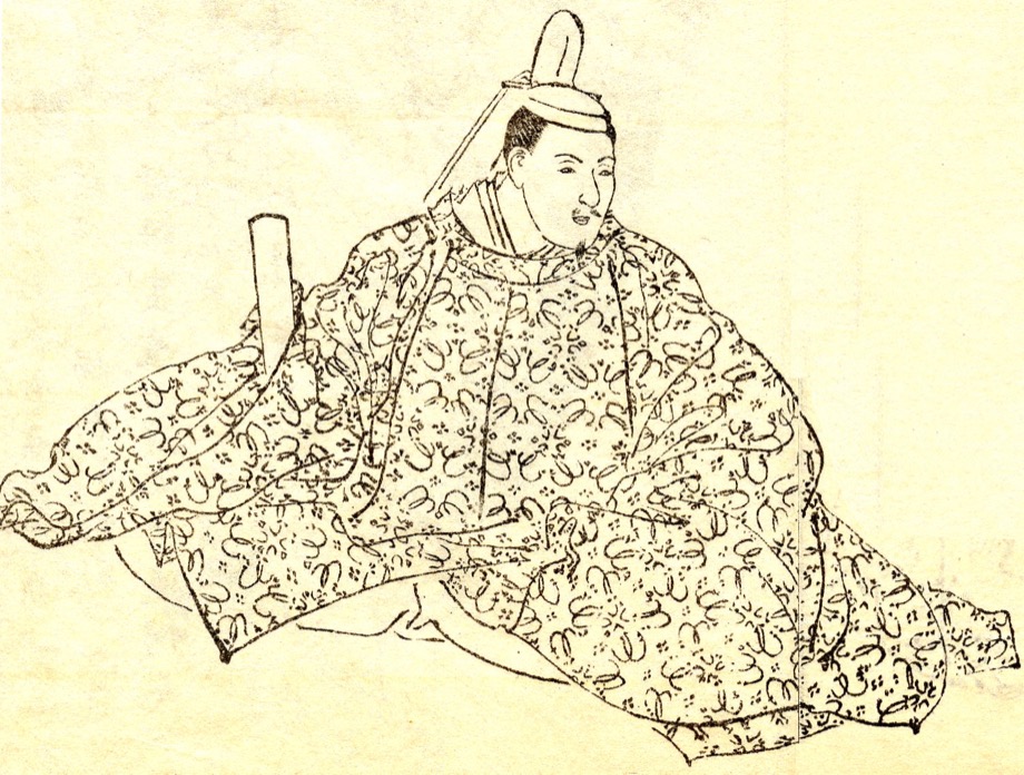 Later portrait drawing of Fujiwara no Teika seated in patterned court robes, by Kikuchi Yōsai, 19th century