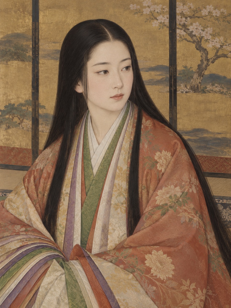 AI-assisted imagined portrait of Fujiwara no Teishi; speculative historical reconstruction