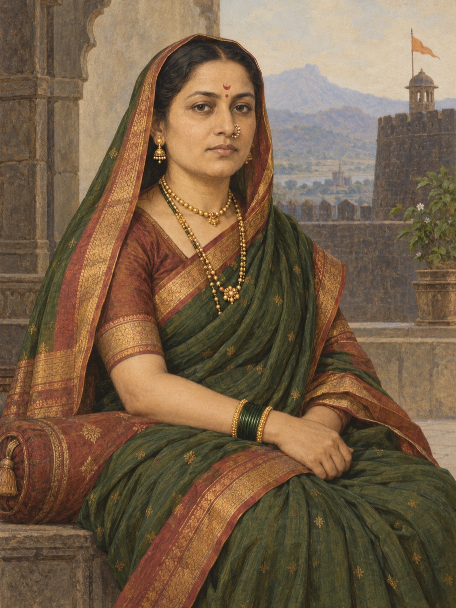 AI-assisted imagined portrait of Jijabai; speculative historical reconstruction