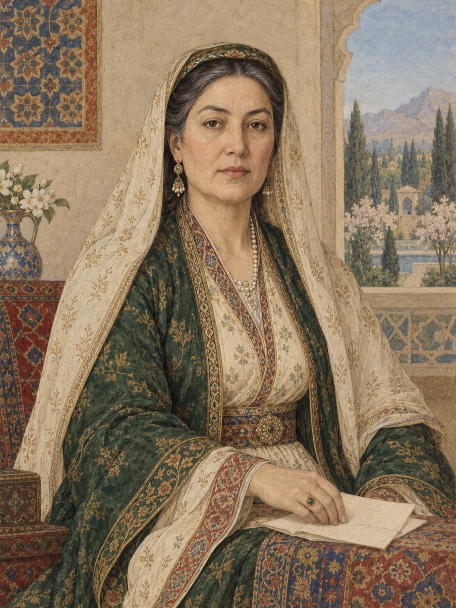 AI-assisted imagined portrait of Khanzada Begum; speculative historical reconstruction