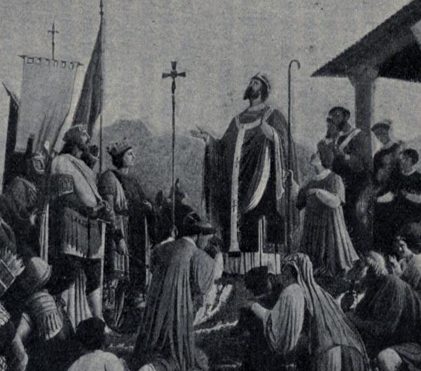 Paulinus II blessing an army in a later historical painting reproduced in Josip Gruden’s publication, 1910