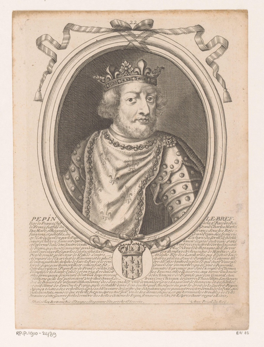 Later engraved portrait of Pepin the Short, King of the Franks, by Nicolas de Larmessin I, 1647–1678