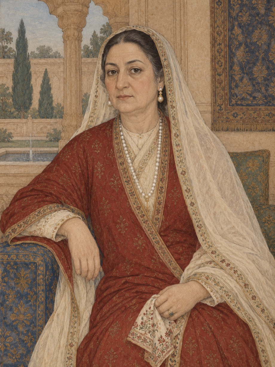 AI-assisted imagined portrait of Ruqaiya Sultan Begum; speculative historical reconstruction
