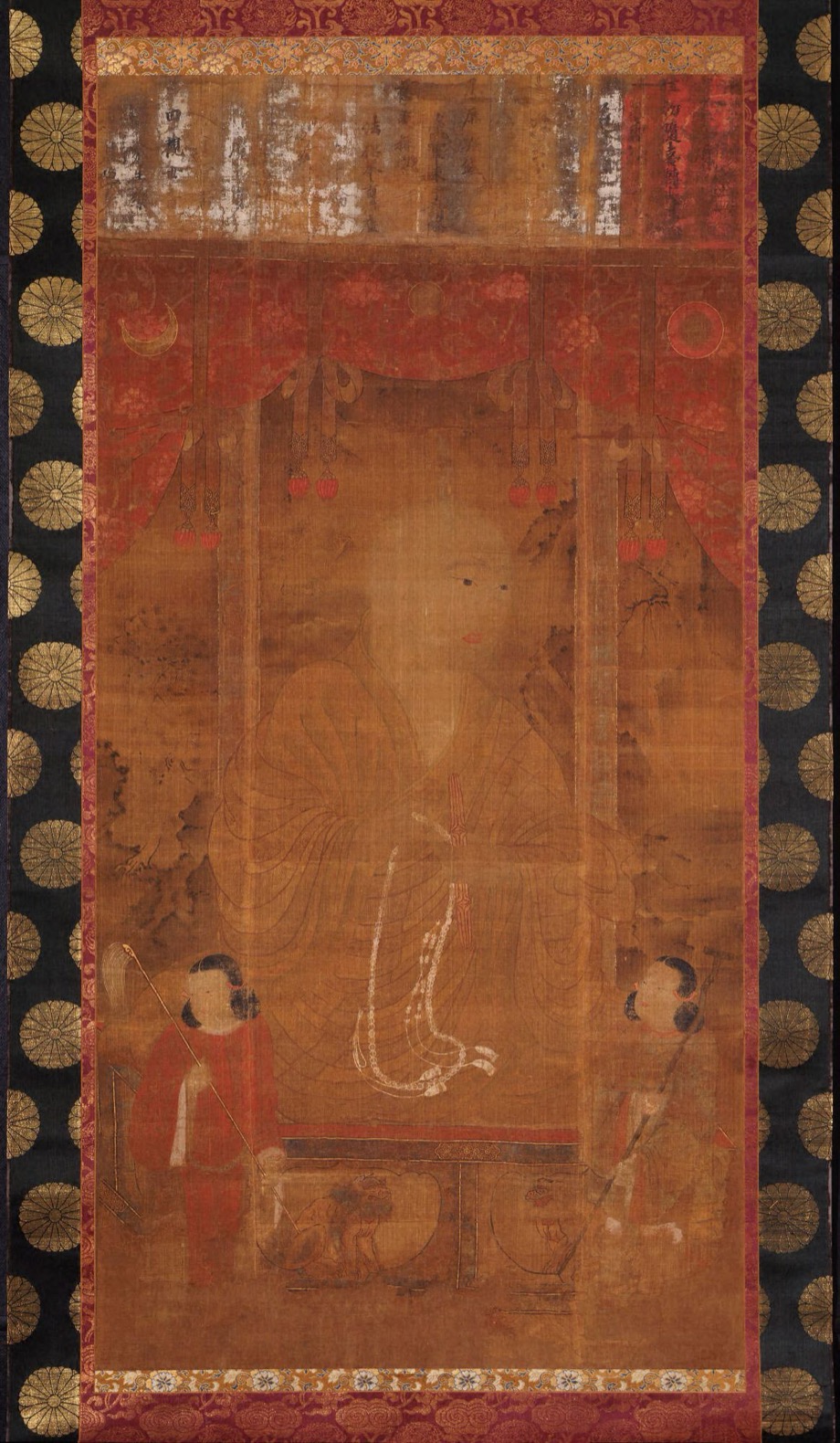 Anonymous later hanging-scroll portrait of Ryōgen seated with two attendants, 13th–14th century