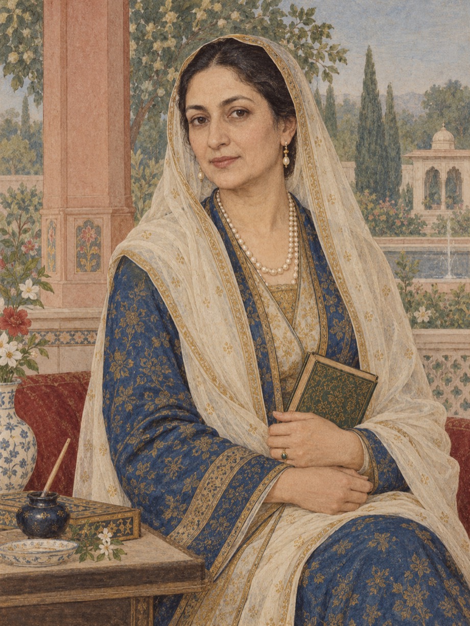 AI-assisted imagined portrait of Salima Sultan Begum; speculative historical reconstruction