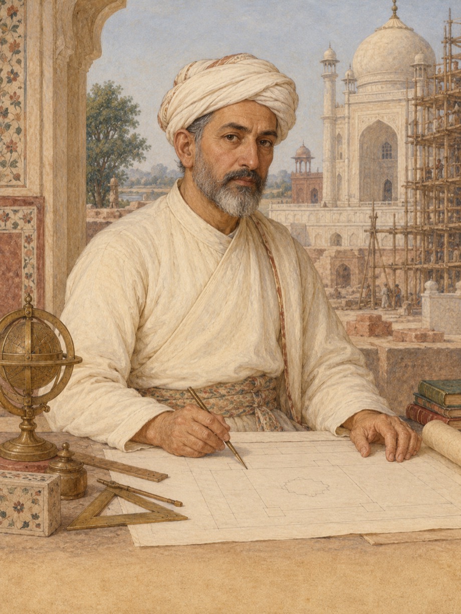 AI-assisted imagined portrait of Ustad Ahmad Lahori; speculative historical reconstruction